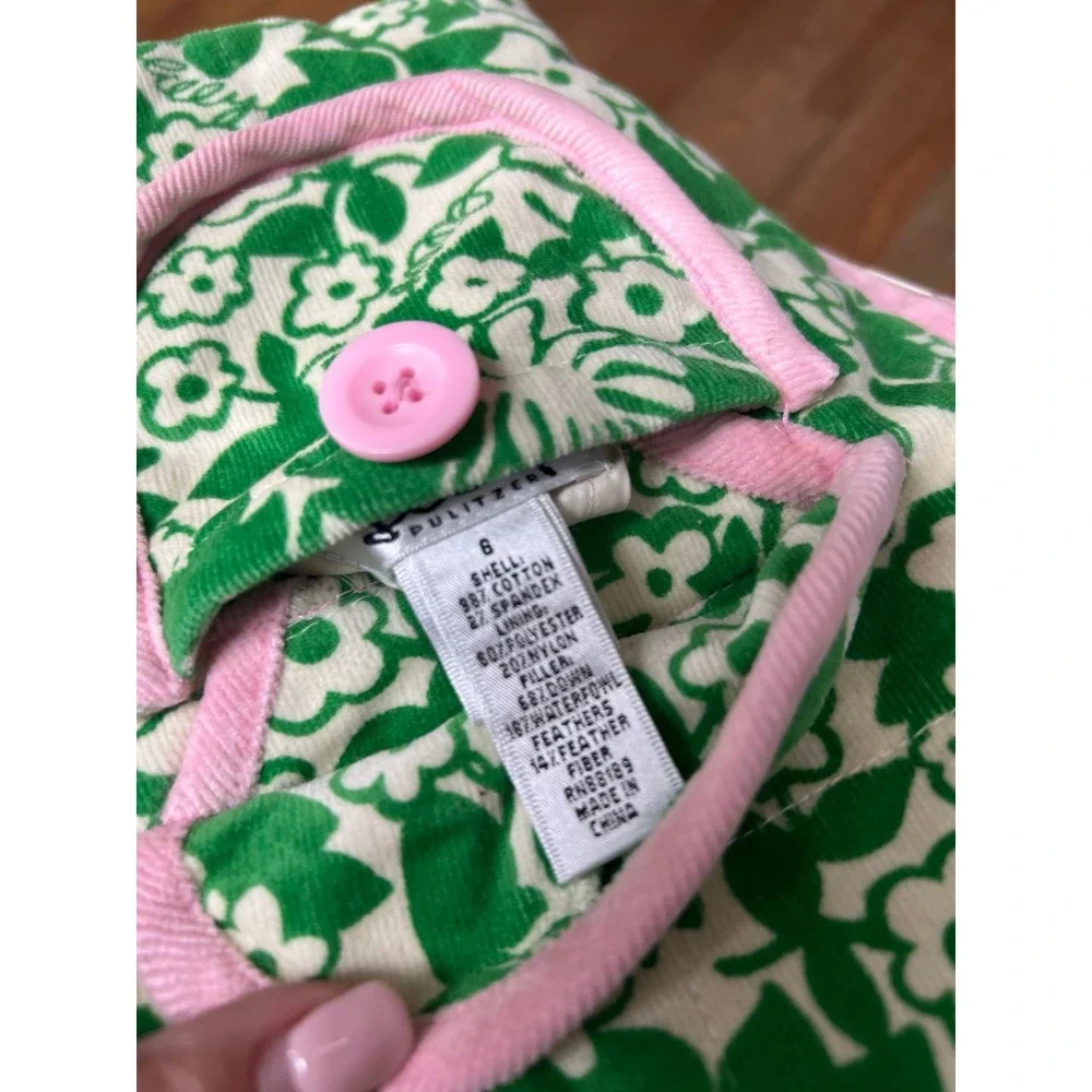 Lilly Pulitzer Girl 6‎ Floral Reversible Puffer Down Vest Green Pink